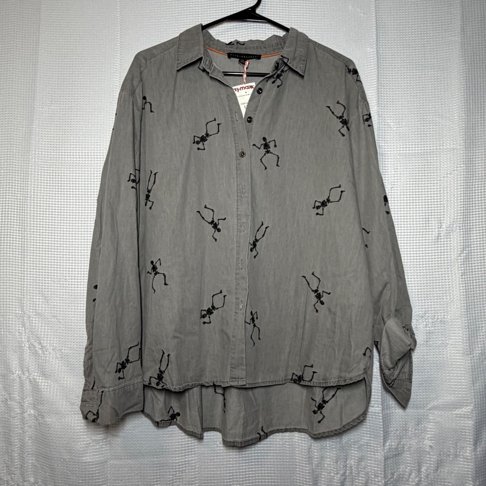 Jane + Delancey Skeleton Print Rayon Button Down Roll Tab Shirt Goth Halloween L